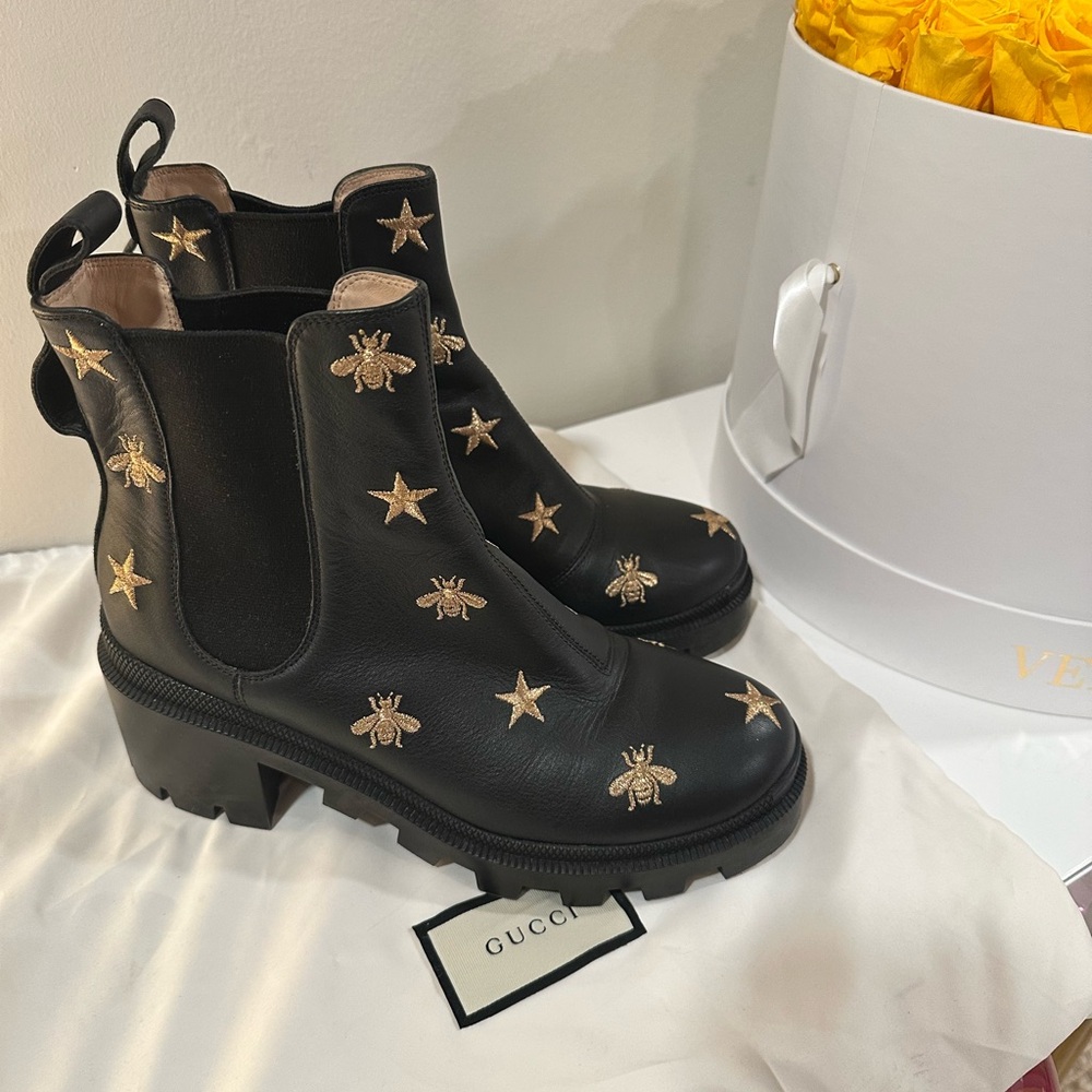 Gucci Women's Black Leather Boots with Gold Embroidery